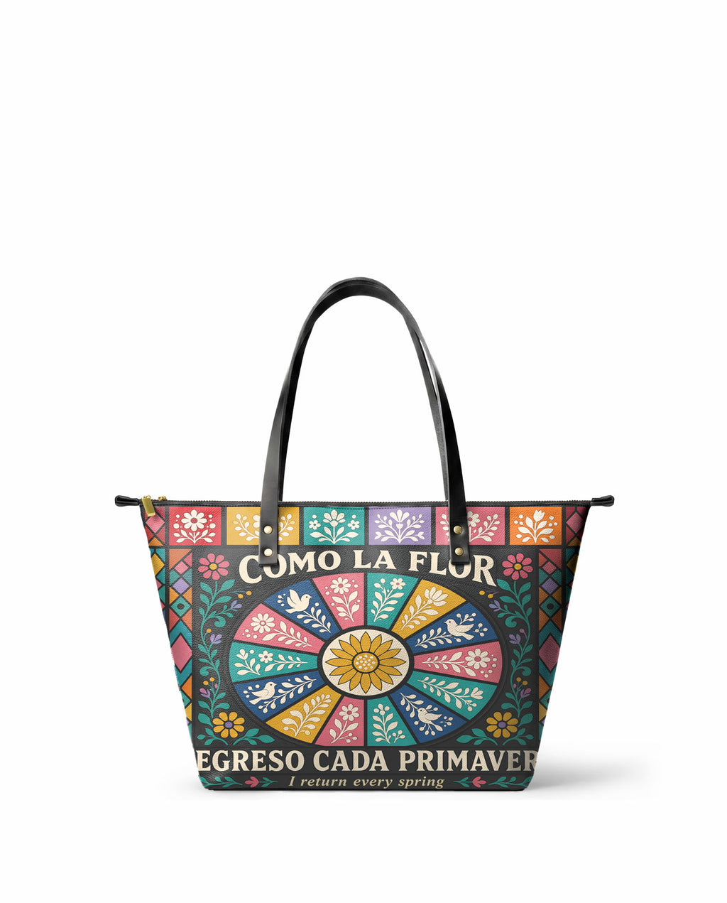 "Como la flor, regreso cada primavera" ver.2 Leather Tote Bag - front view | Paleta Bags