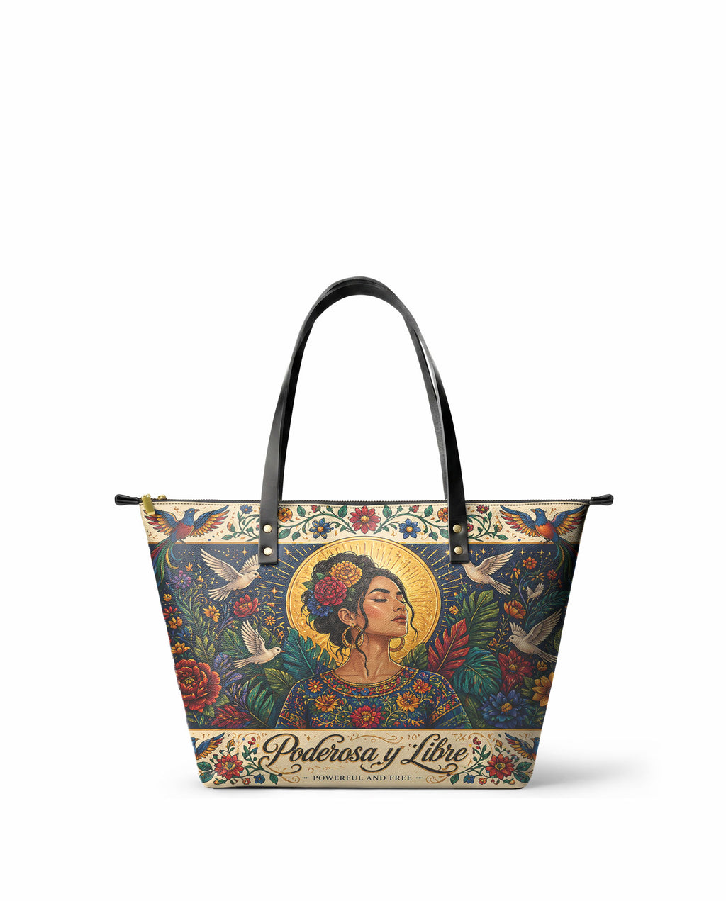 "Poderosa y Libre" ver.1 Leather Tote Bag - front view | Paleta Bags