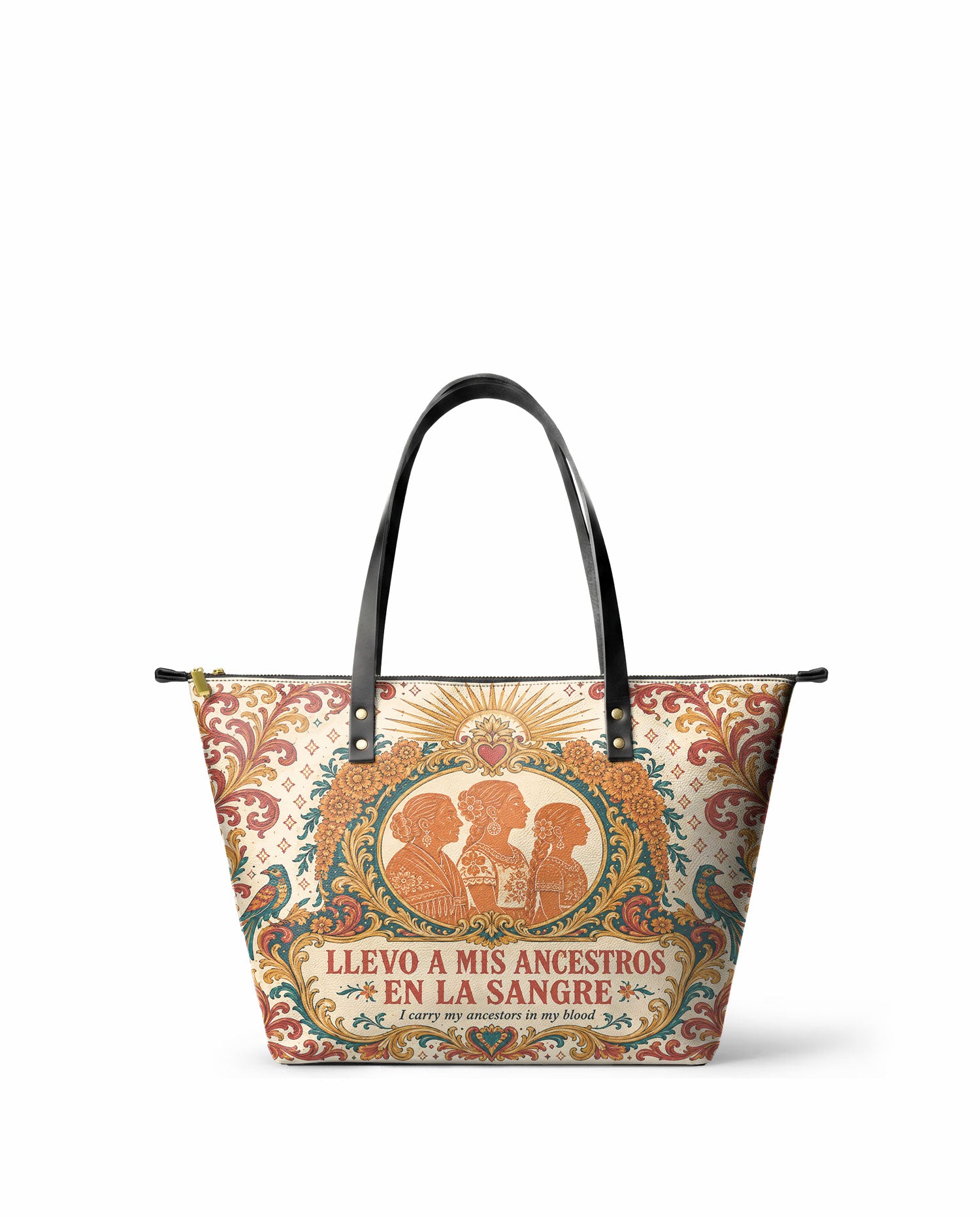 "Llevo a mis ancestros en la sangre" ver.5 Leather Tote Bag - front view | Paleta Bags