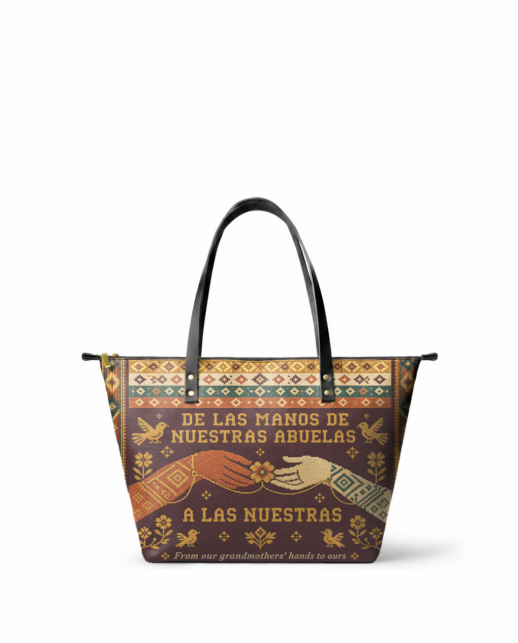 "De las manos de nuestras abuelas a las nuestras" ver.3 Leather Tote Bag - front view | Paleta Bags