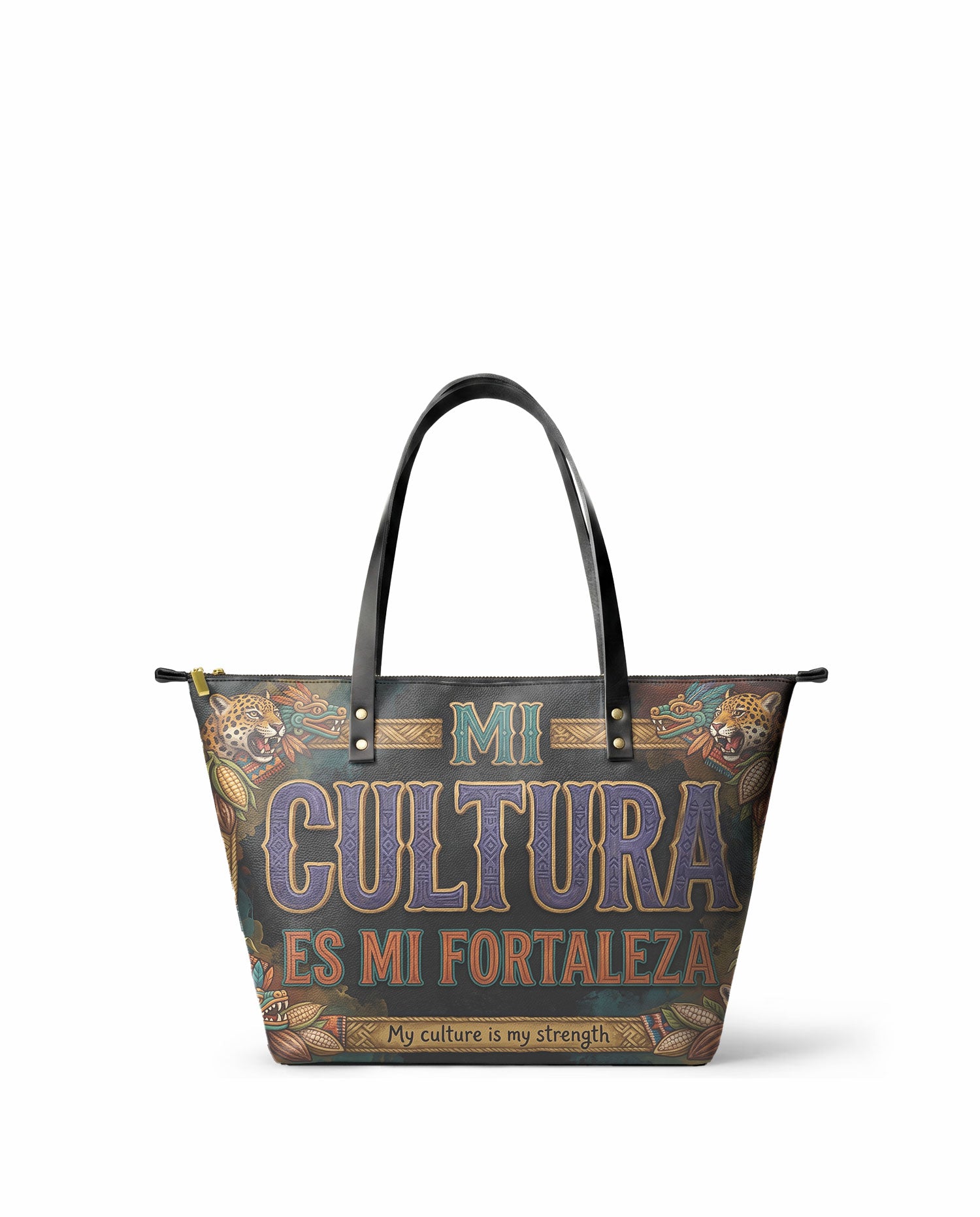 "Mi cultura es mi fortaleza" ver.3 Leather Tote Bag - front view | Paleta Bags