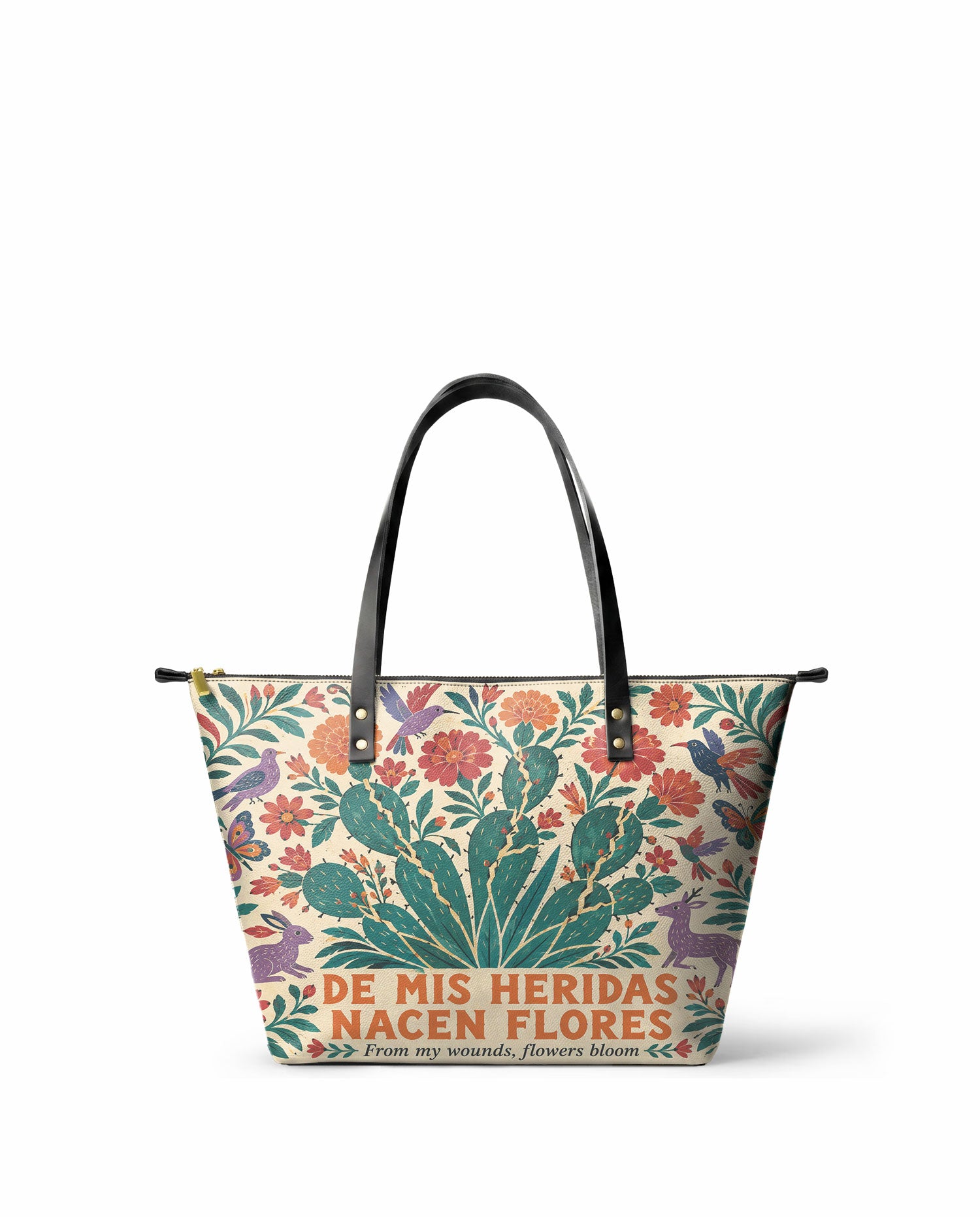 "De mis heridas nacen flores" ver.4 Leather Tote Bag - front view | Paleta Bags