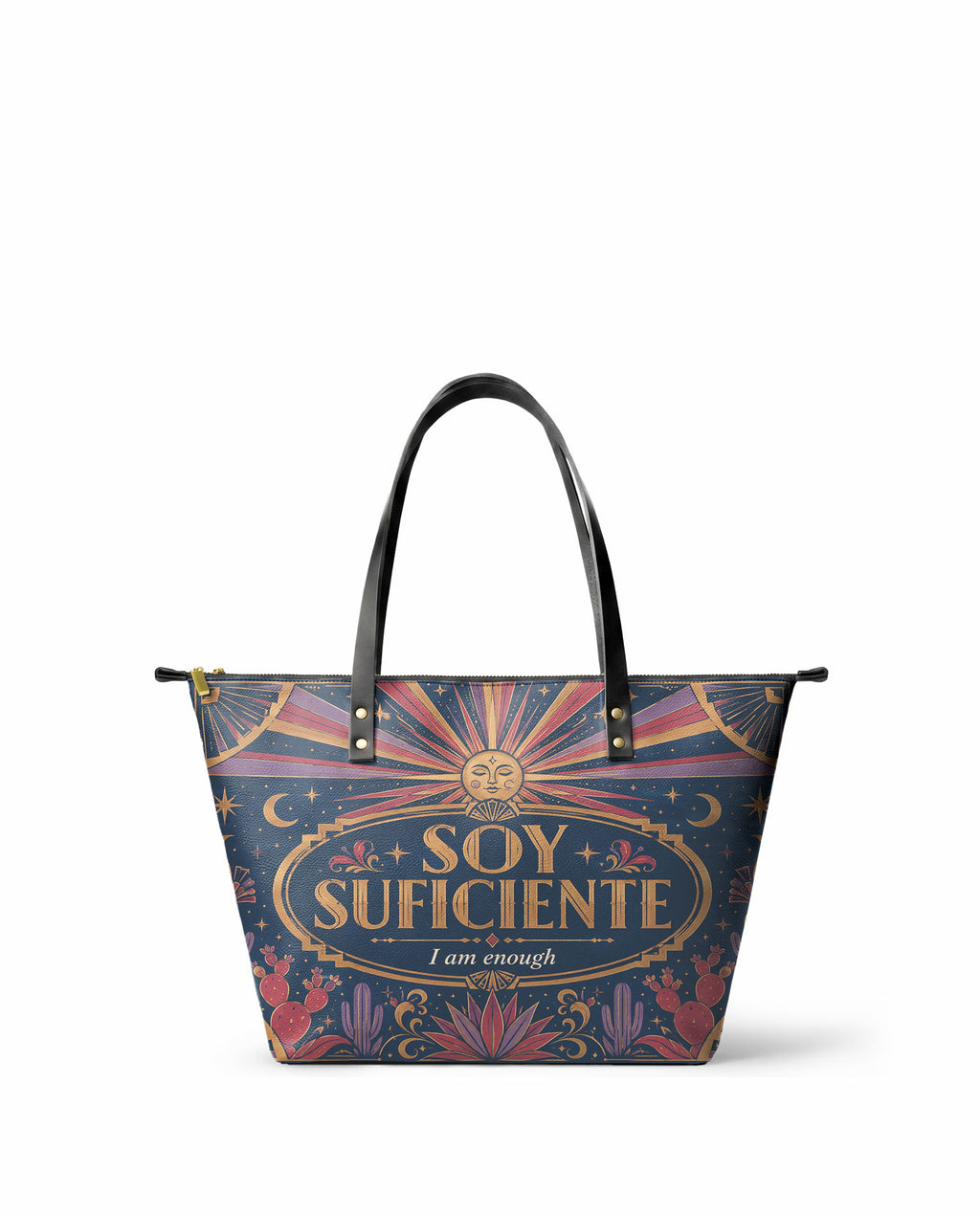 "Soy suficiente, tal y como soy" ver.3 Leather Tote Bag - front view | Paleta Bags