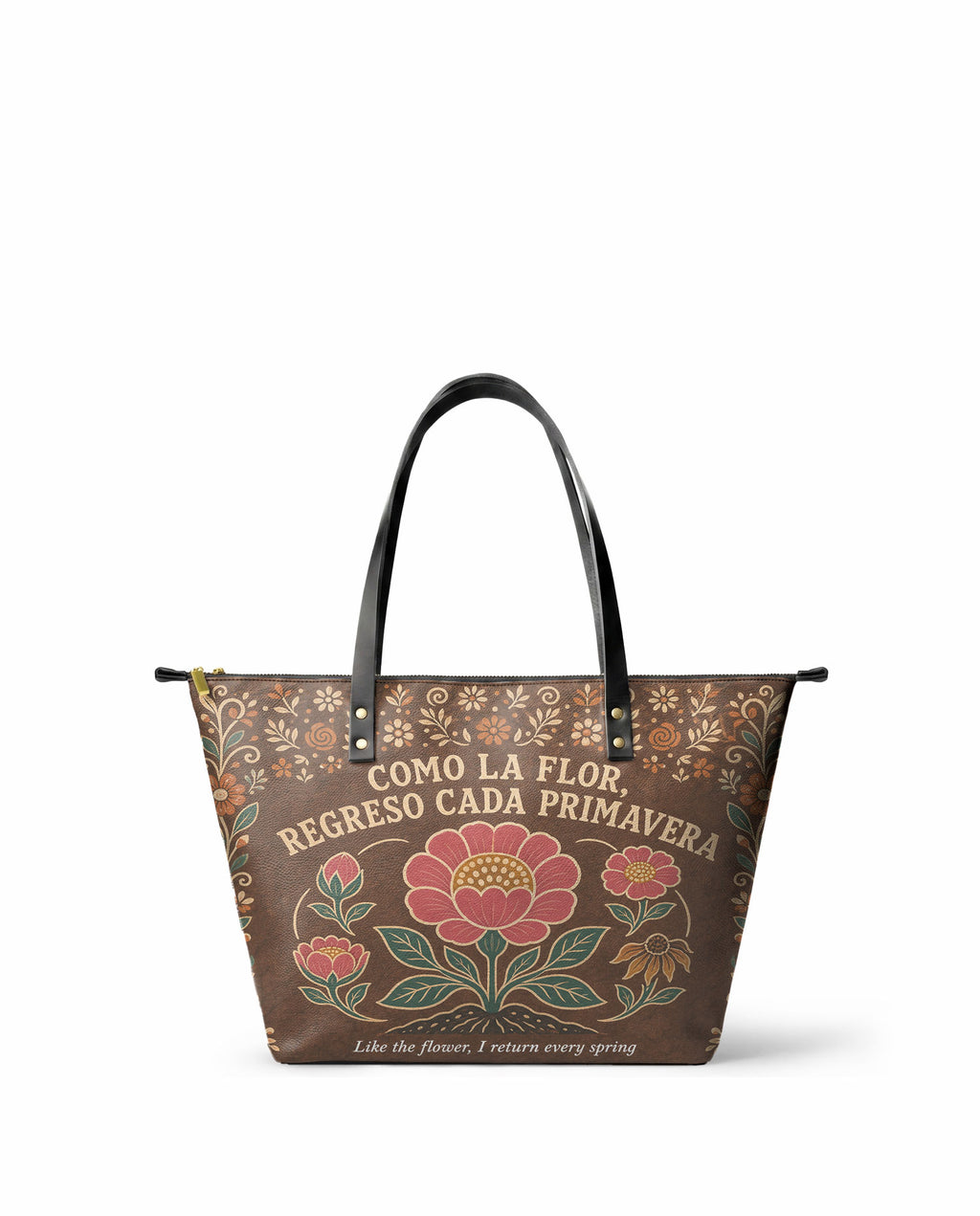 "Como la flor, regreso cada primavera" ver.4 Leather Tote Bag - front view | Paleta Bags