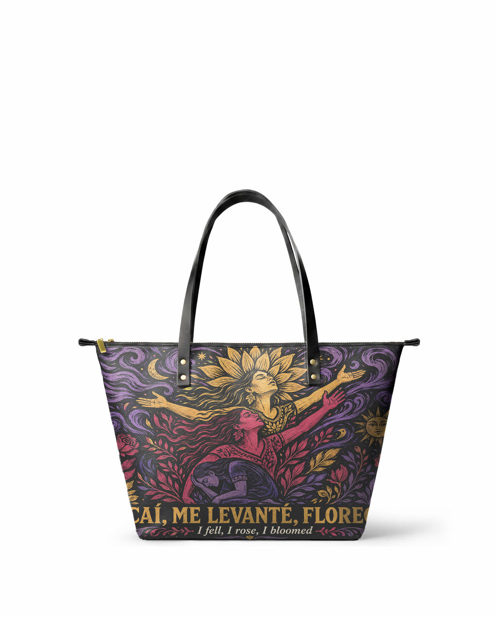 "Caí, me levanté, florecí" ver.4 Leather Tote Bag - front view | Paleta Bags