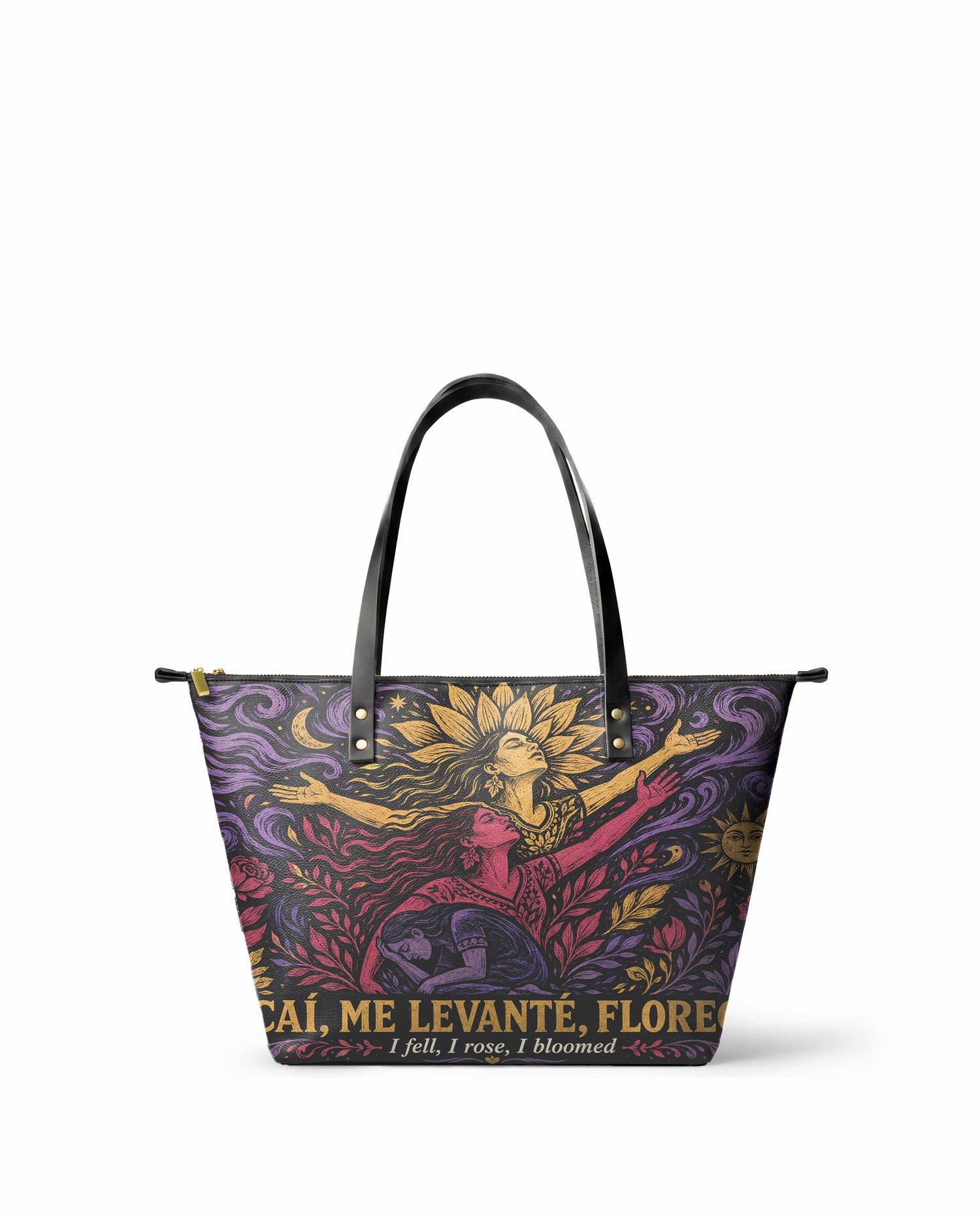 "Caí, me levanté, florecí" ver.4 Leather Tote Bag - front view | Paleta Bags