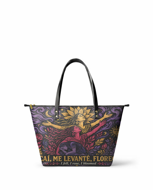 "Caí, me levanté, florecí" ver.4 Leather Tote Bag - front view | Paleta Bags