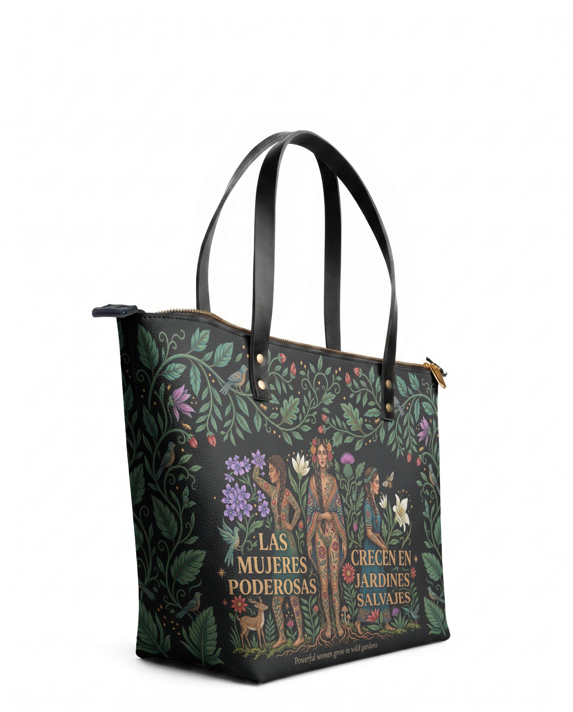 "Las mujeres poderosas crecen en jardines salvajes" ver.1 Leather Tote Bag - side view | Paleta Bags