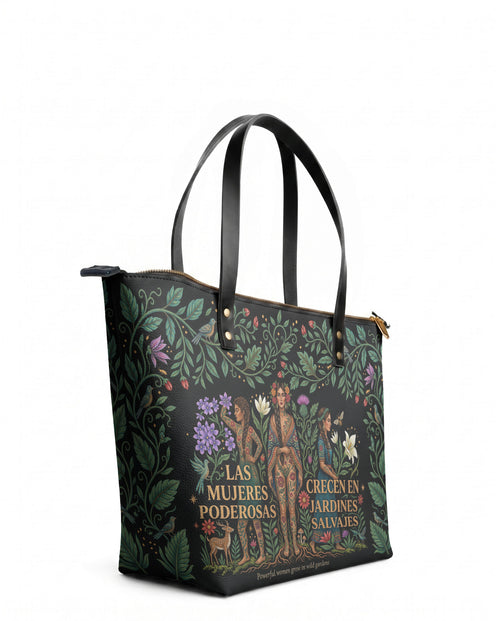 "Las mujeres poderosas crecen en jardines salvajes" ver.1 Leather Tote Bag - side view | Paleta Bags