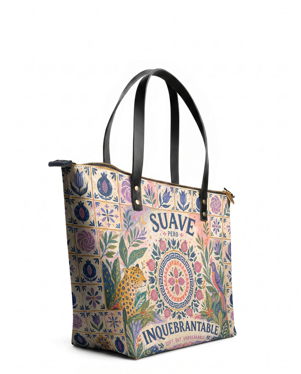 "Suave pero inquebrantable" ver.10 Leather Tote Bag - side view | Paleta Bags