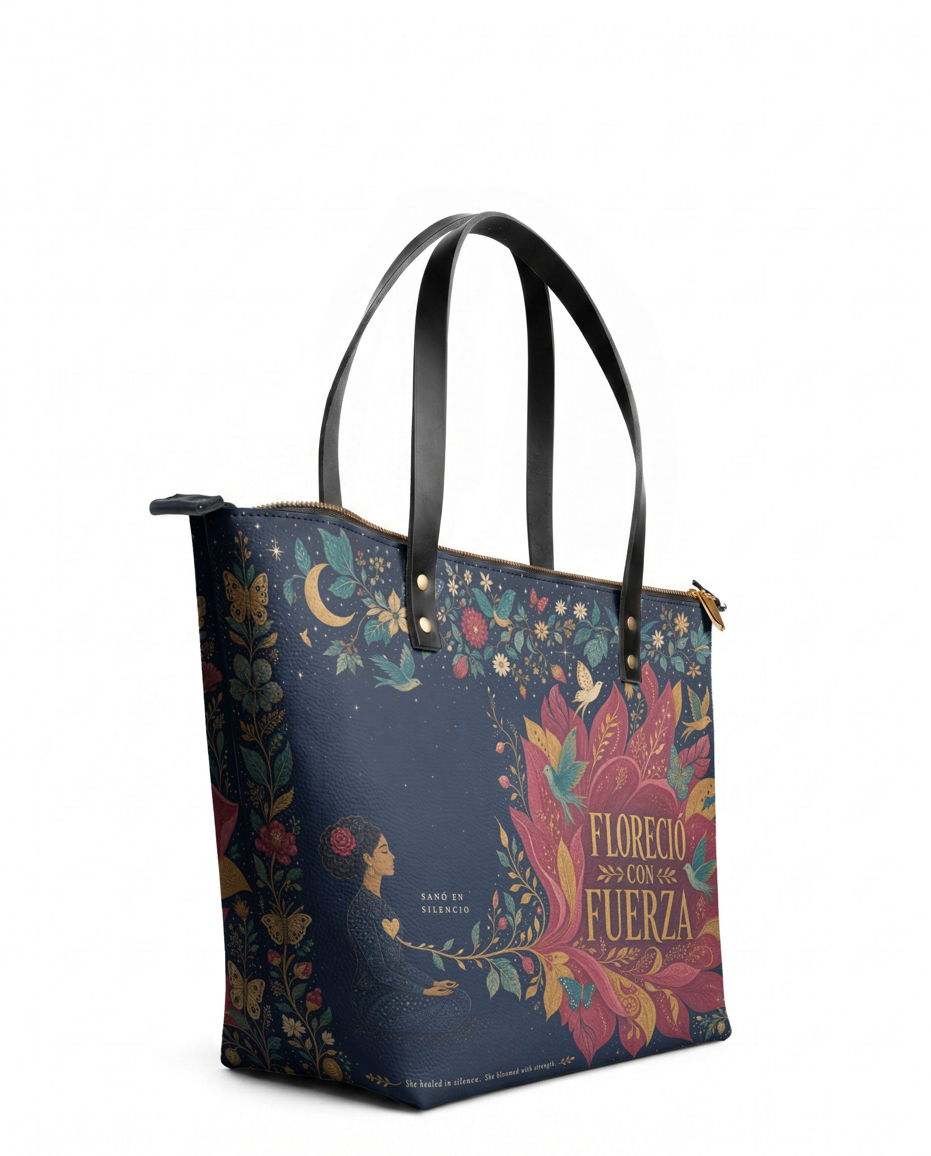 "Sanó en silencio, floreció con fuerza" ver.2 Leather Tote Bag - side view | Paleta Bags