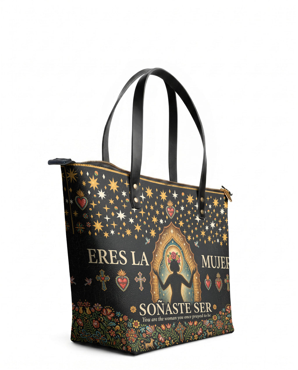 "Eres la mujer que alguna vez soñaste ser" ver.2 Leather Tote Bag - side view | Paleta Bags