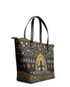 "Eres la mujer que alguna vez soñaste ser" ver.2 Leather Tote Bag - side view | Paleta Bags