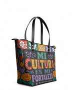 "Mi cultura es mi fortaleza" ver.4 Leather Tote Bag - side view | Paleta Bags
