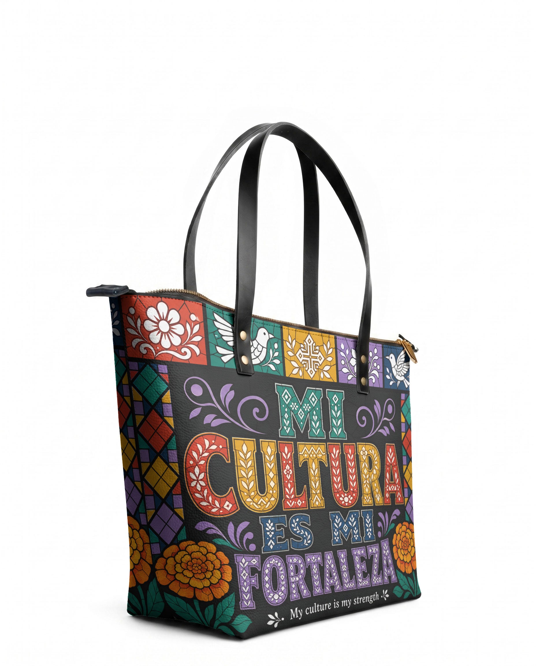"Mi cultura es mi fortaleza" ver.4 Leather Tote Bag - side view | Paleta Bags