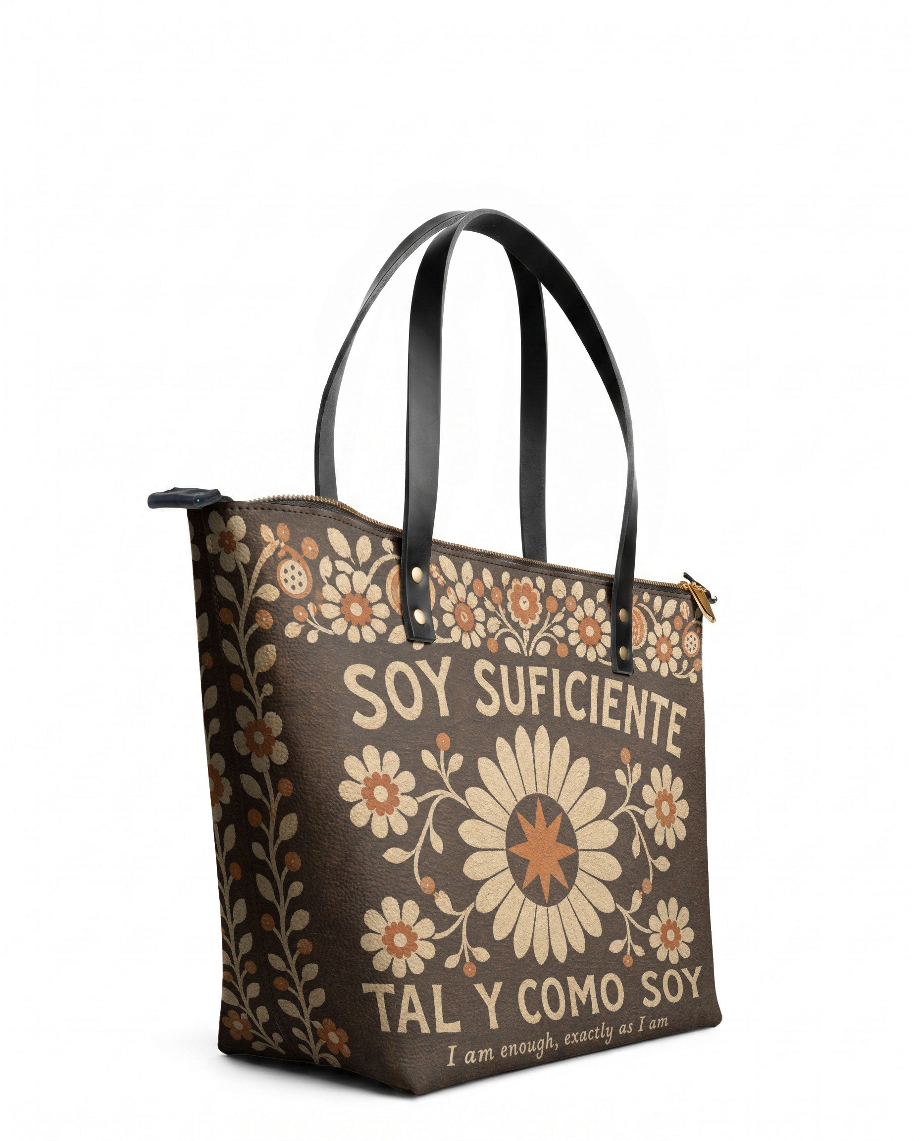 "Soy suficiente, tal y como soy" ver.6 Leather Tote Bag - side view | Paleta Bags