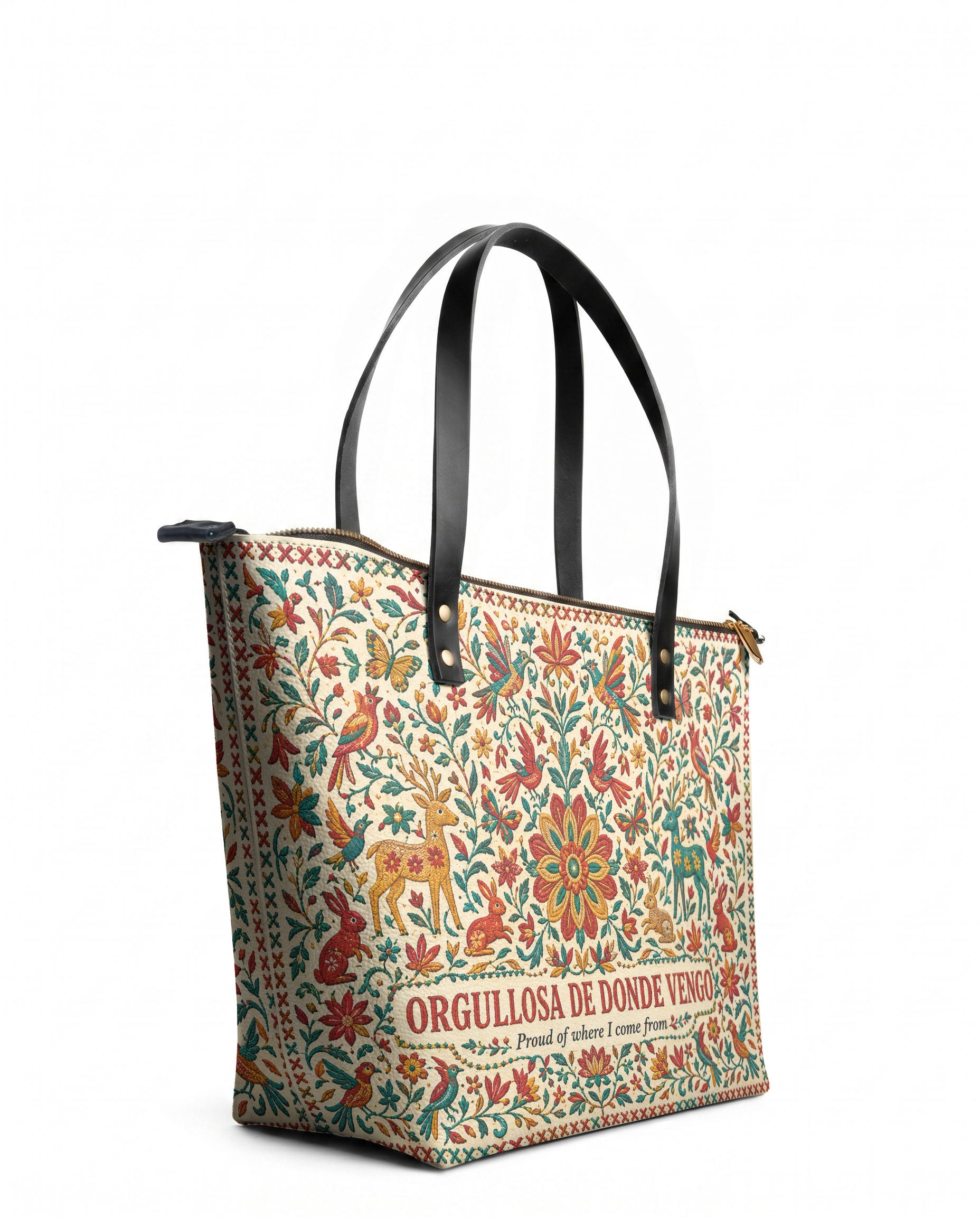 "Orgullosa de donde vengo" ver.2 Leather Tote Bag - side view | Paleta Bags
