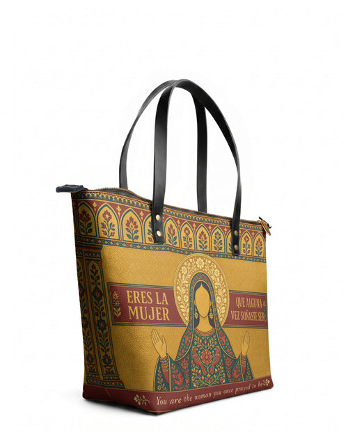 "Eres la mujer que alguna vez soñaste ser" ver.5 Leather Tote Bag - side view | Paleta Bags