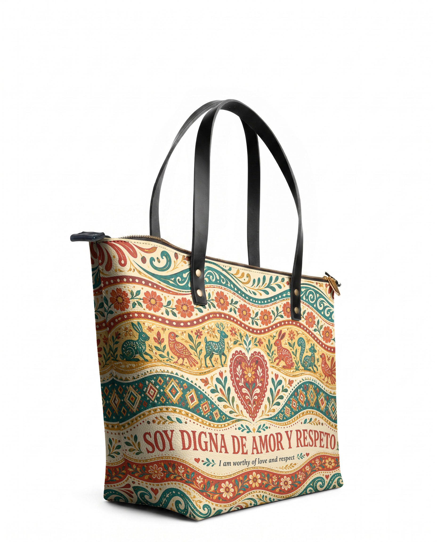 "Otomi Wild Embroidery" ver.1 Leather Tote Bag - side view | Paleta Bags
