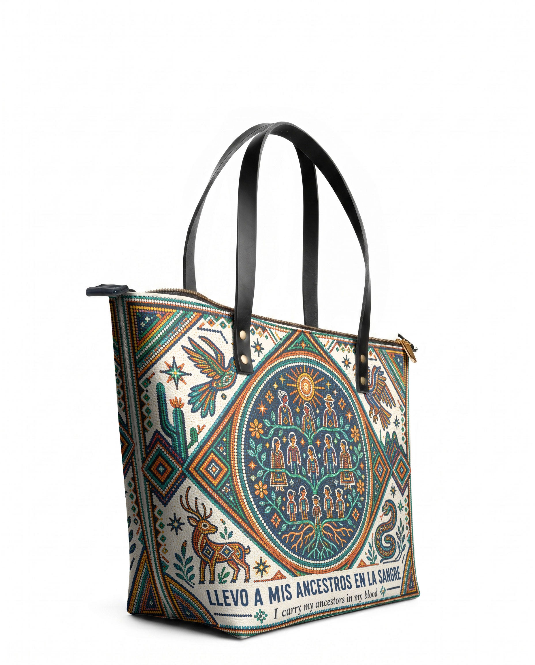 "Llevo a mis ancestros en la sangre" ver.4 Leather Tote Bag - side view | Paleta Bags