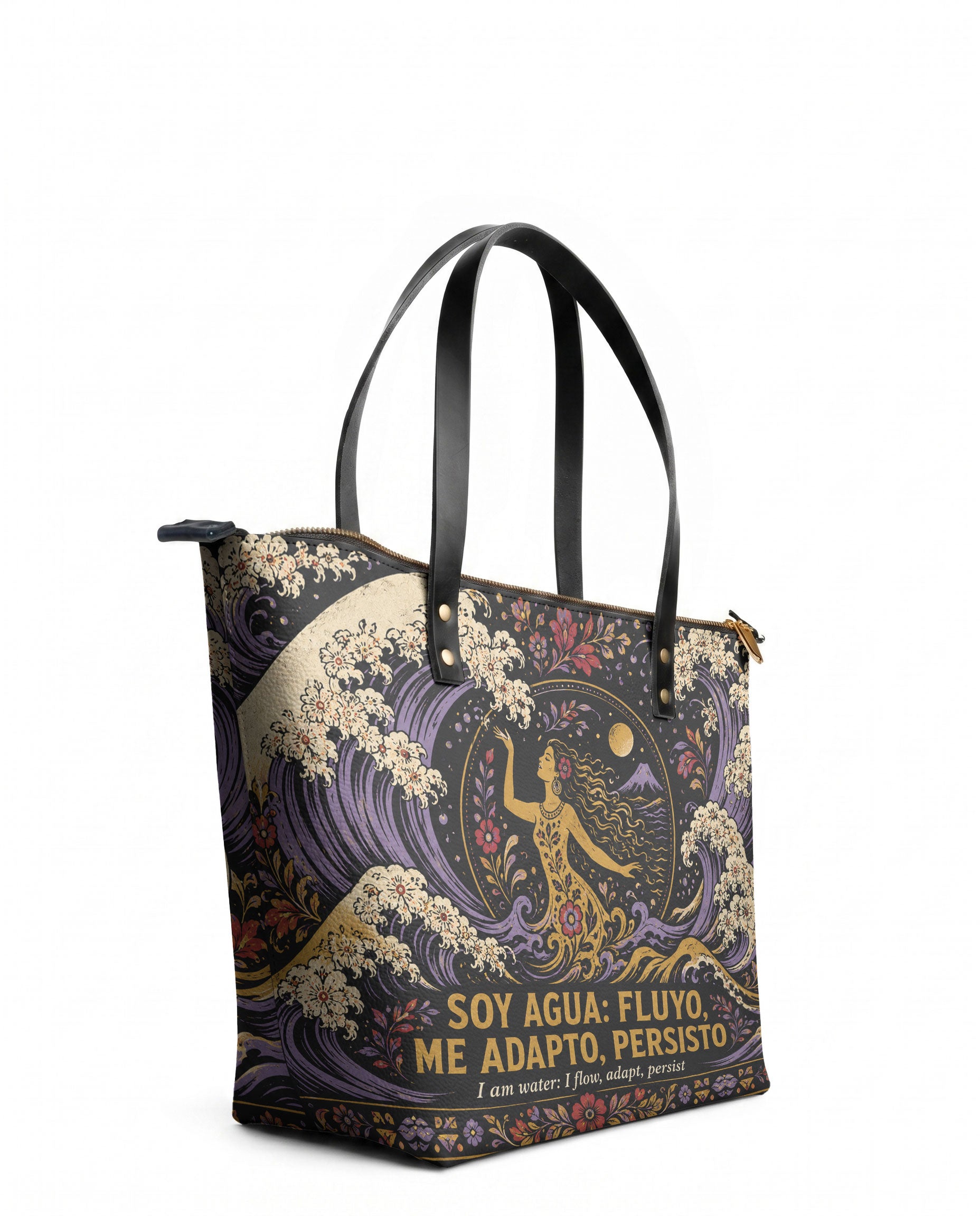 "Soy agua fluyo, me adapto, persisto" ver.2 Leather Tote Bag - side view | Paleta Bags