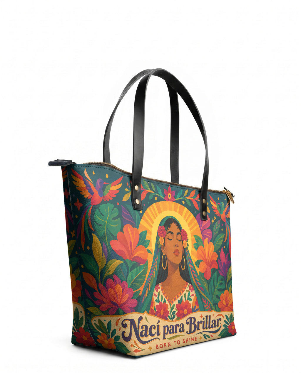 "Nací para brillar" ver.4 Leather Tote Bag - side view | Paleta Bags