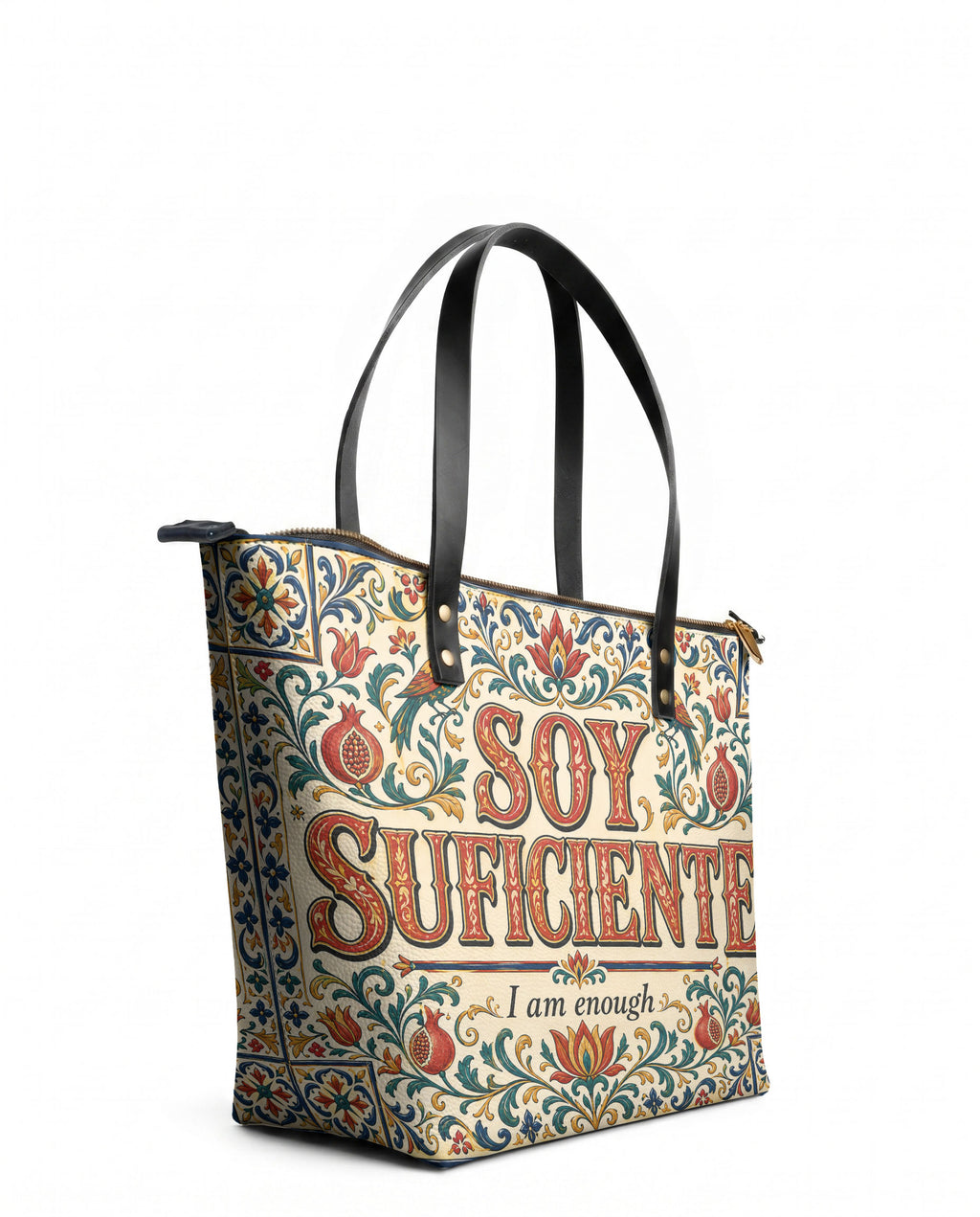 "Soy suficiente, tal y como soy" ver.1 Leather Tote Bag - side view | Paleta Bags