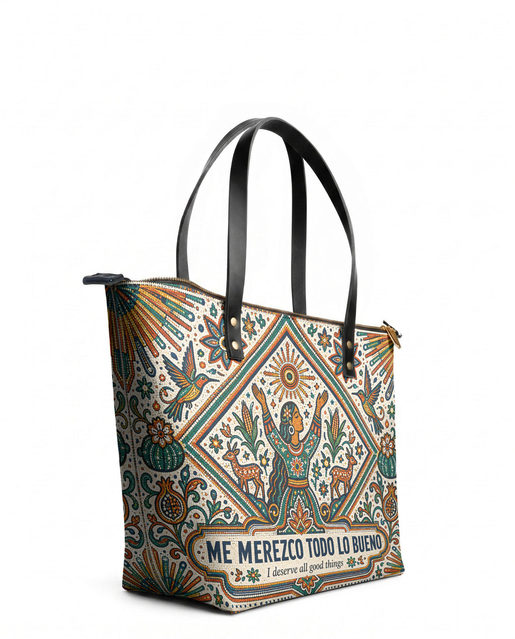 "Me merezco todo lo bueno" ver.5 Leather Tote Bag - side view | Paleta Bags