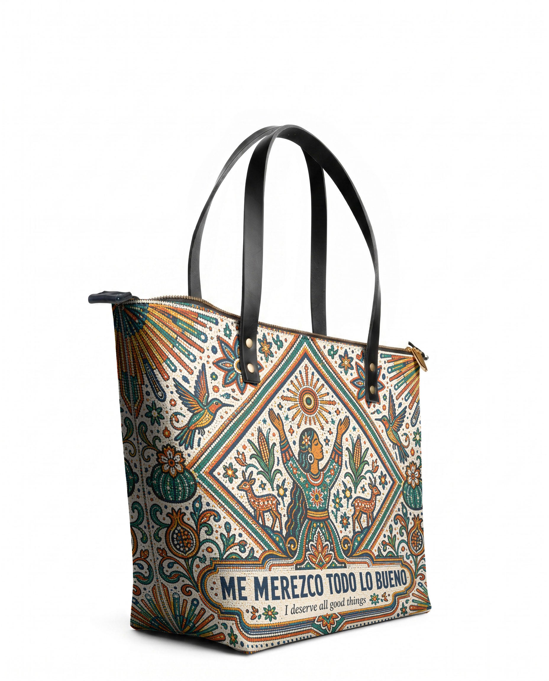"Me merezco todo lo bueno" ver.5 Leather Tote Bag - side view | Paleta Bags