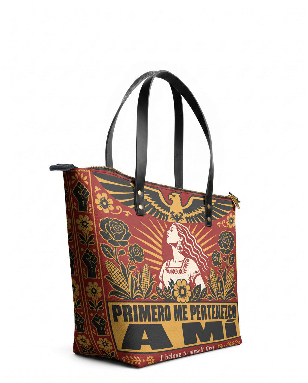 "Primero me pertenezco a mí" ver.3 Leather Tote Bag - side view | Paleta Bags