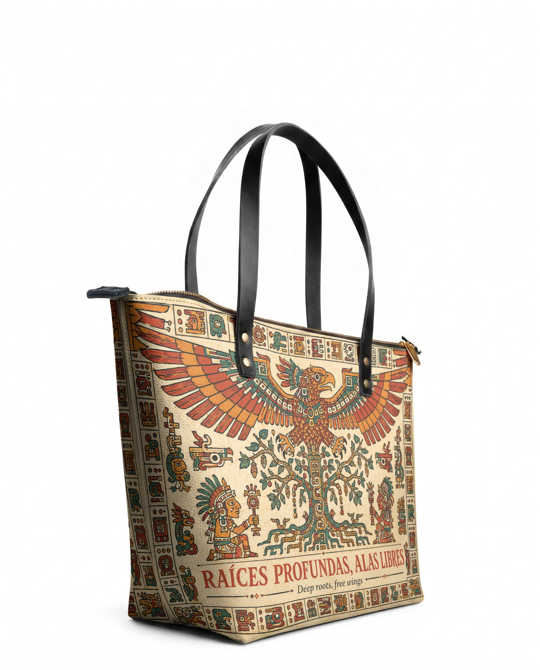 "Raíces profundas, alas libres" ver.3 Leather Tote Bag - side view | Paleta Bags
