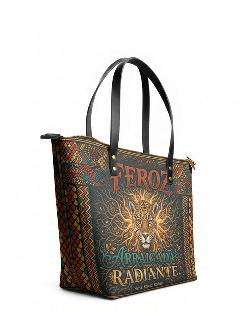 "Feroz. Arraigada. Radiante" ver.6 Leather Tote Bag - side view | Paleta Bags