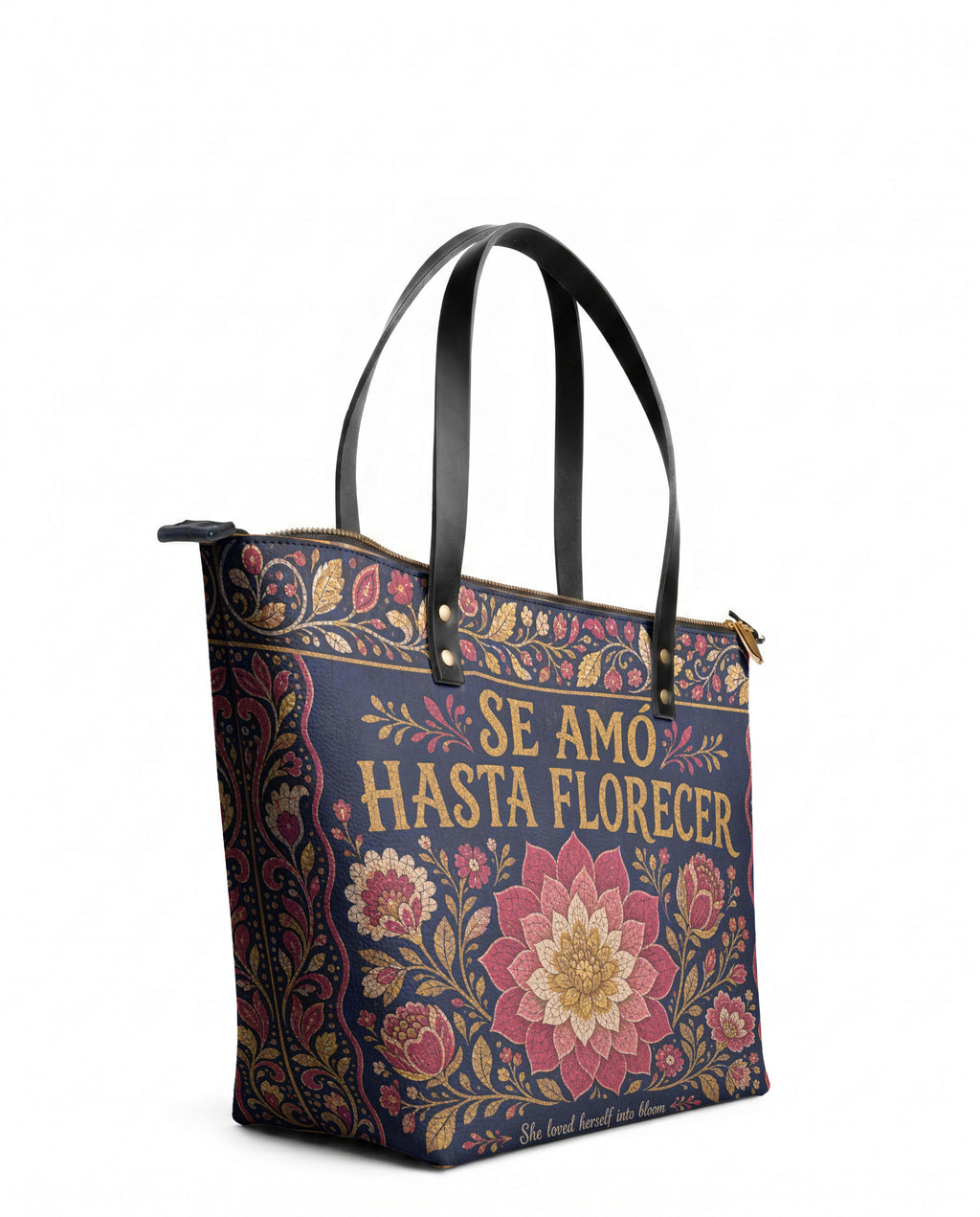 "Se amó hasta florecer" ver.4 Leather Tote Bag - side view | Paleta Bags