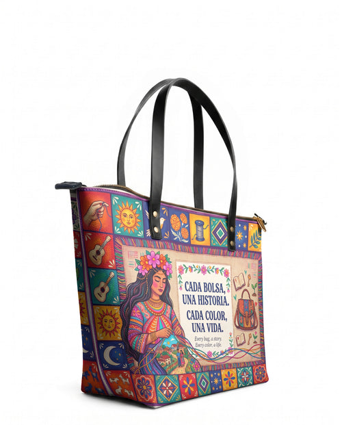 "Cada bolsa, una historia" ver.2 Leather Tote Bag - side view | Paleta Bags
