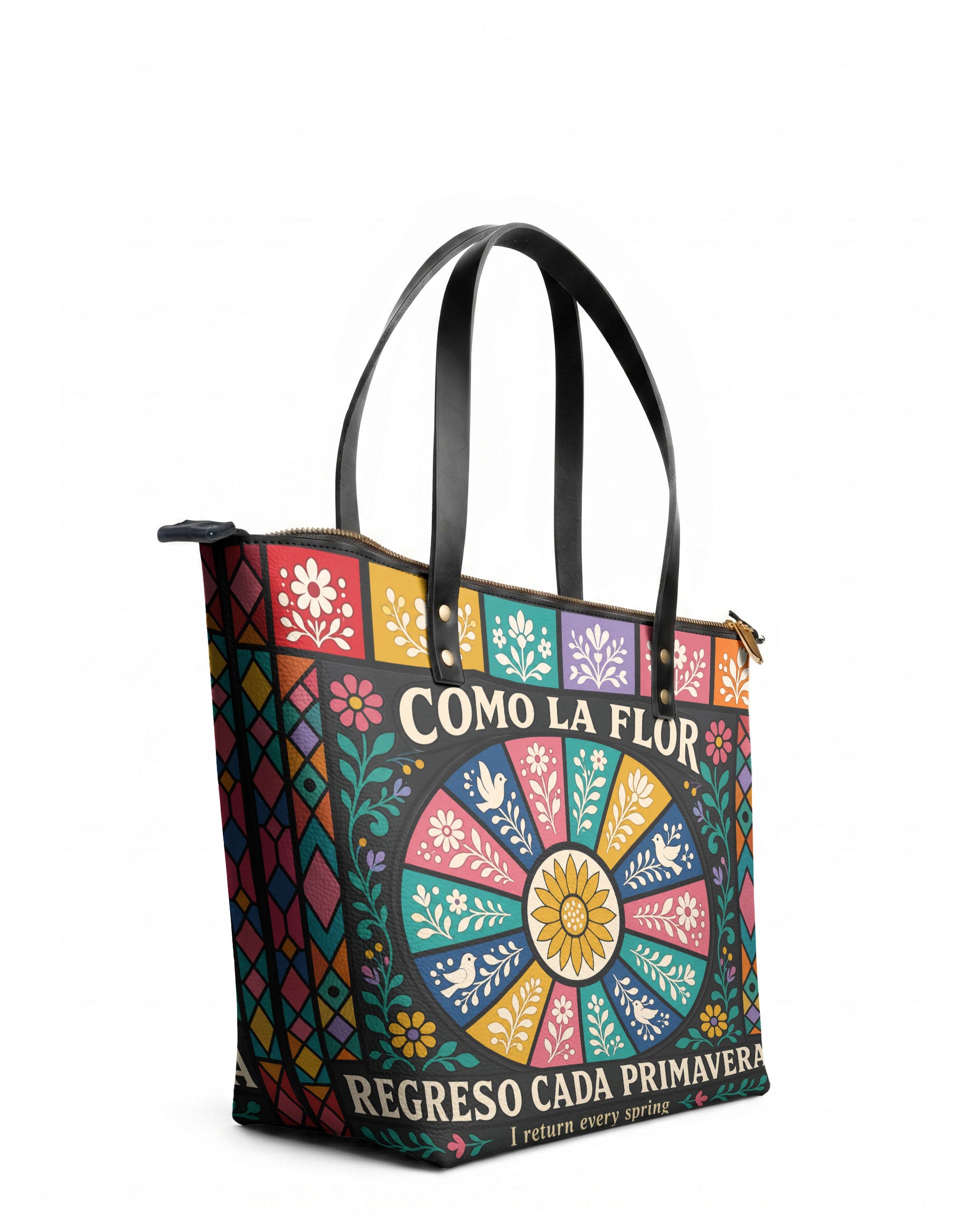 "Como la flor, regreso cada primavera" ver.2 Leather Tote Bag - side view | Paleta Bags