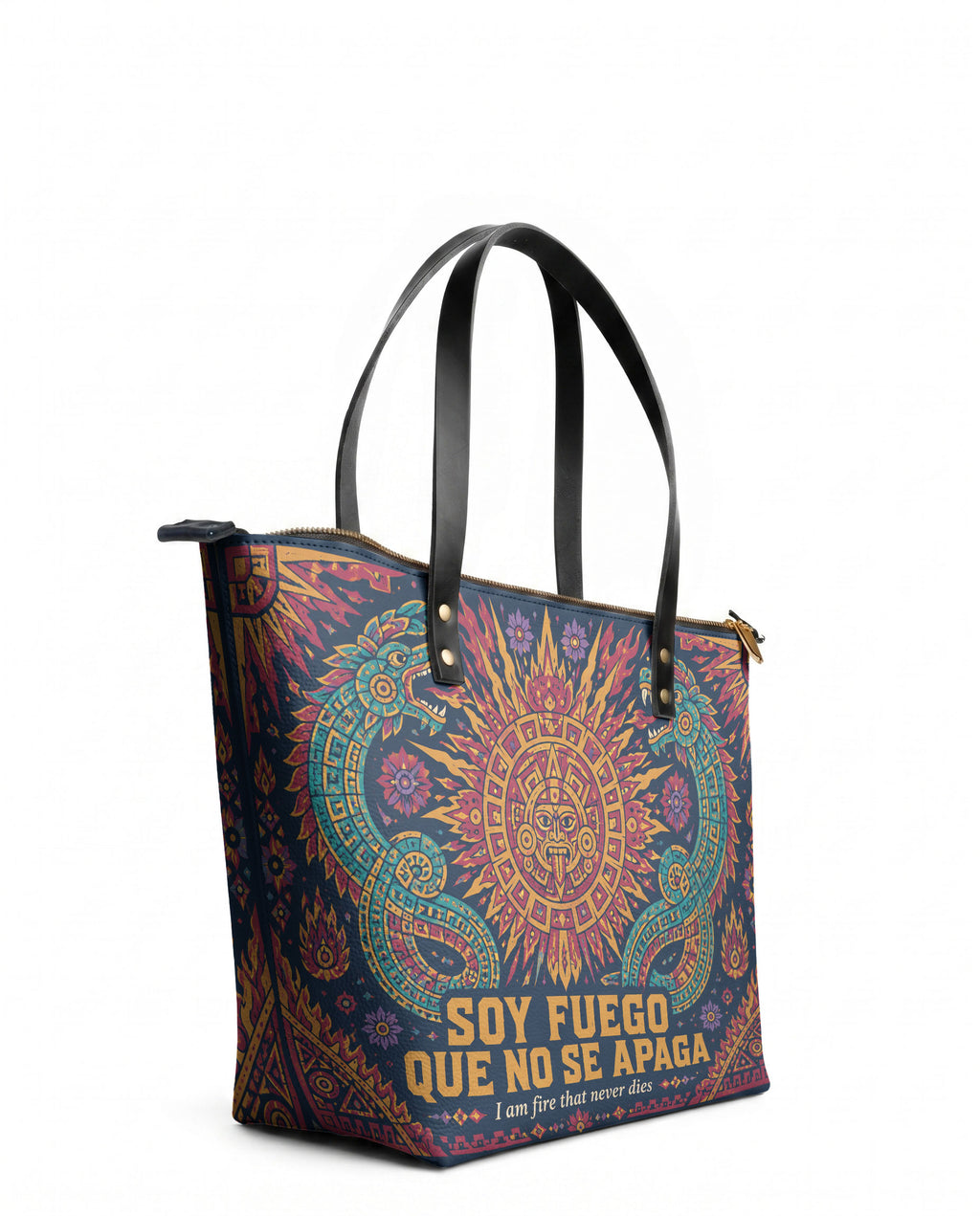 "Soy fuego que no se apaga" ver.3 Leather Tote Bag - side view | Paleta Bags