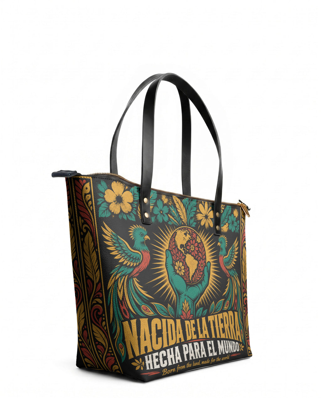 "Nacida de la tierra, hecha para el mundo" ver.4 Leather Tote Bag - side view | Paleta Bags