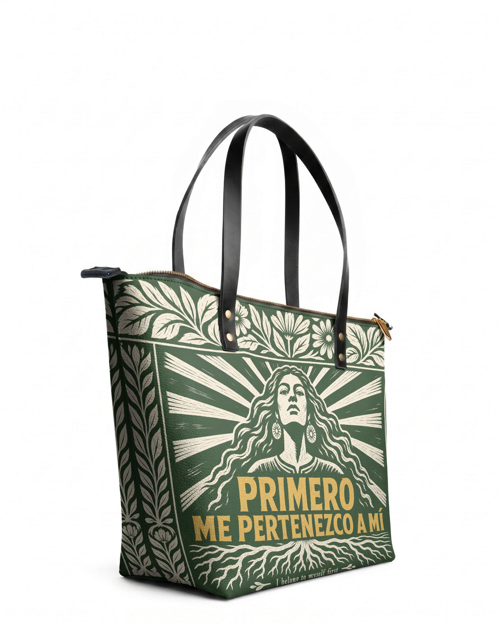 "Primero me pertenezco a mí" ver.4 Leather Tote Bag - side view | Paleta Bags