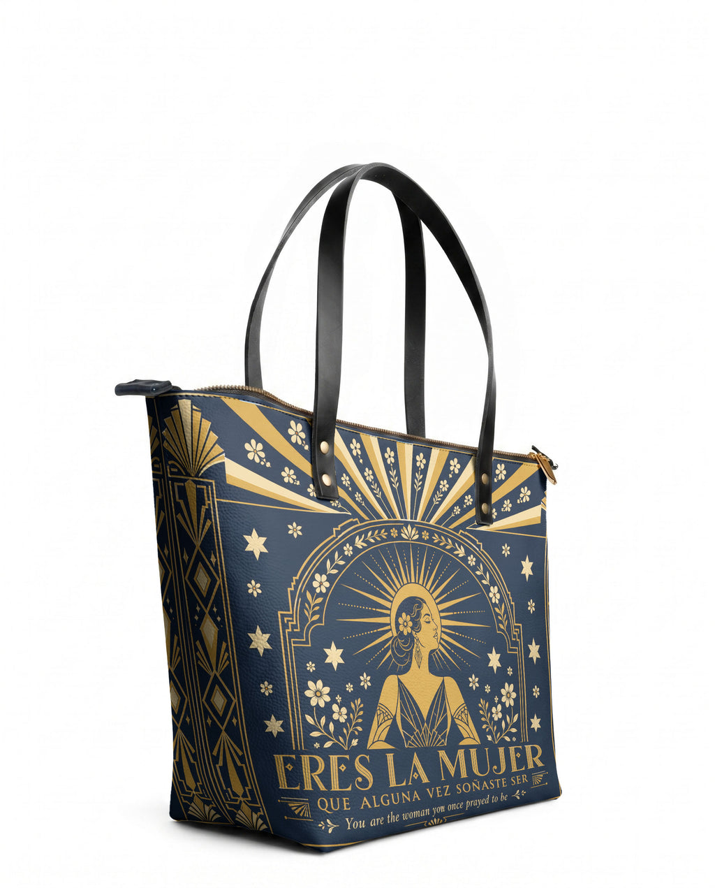 "Eres la mujer que alguna vez soñaste ser" ver.7 Leather Tote Bag - side view | Paleta Bags