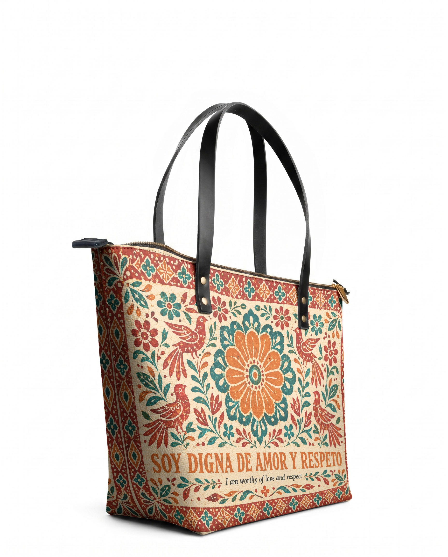 "Otomi Wild Embroidery" ver.5 Leather Tote Bag - side view | Paleta Bags