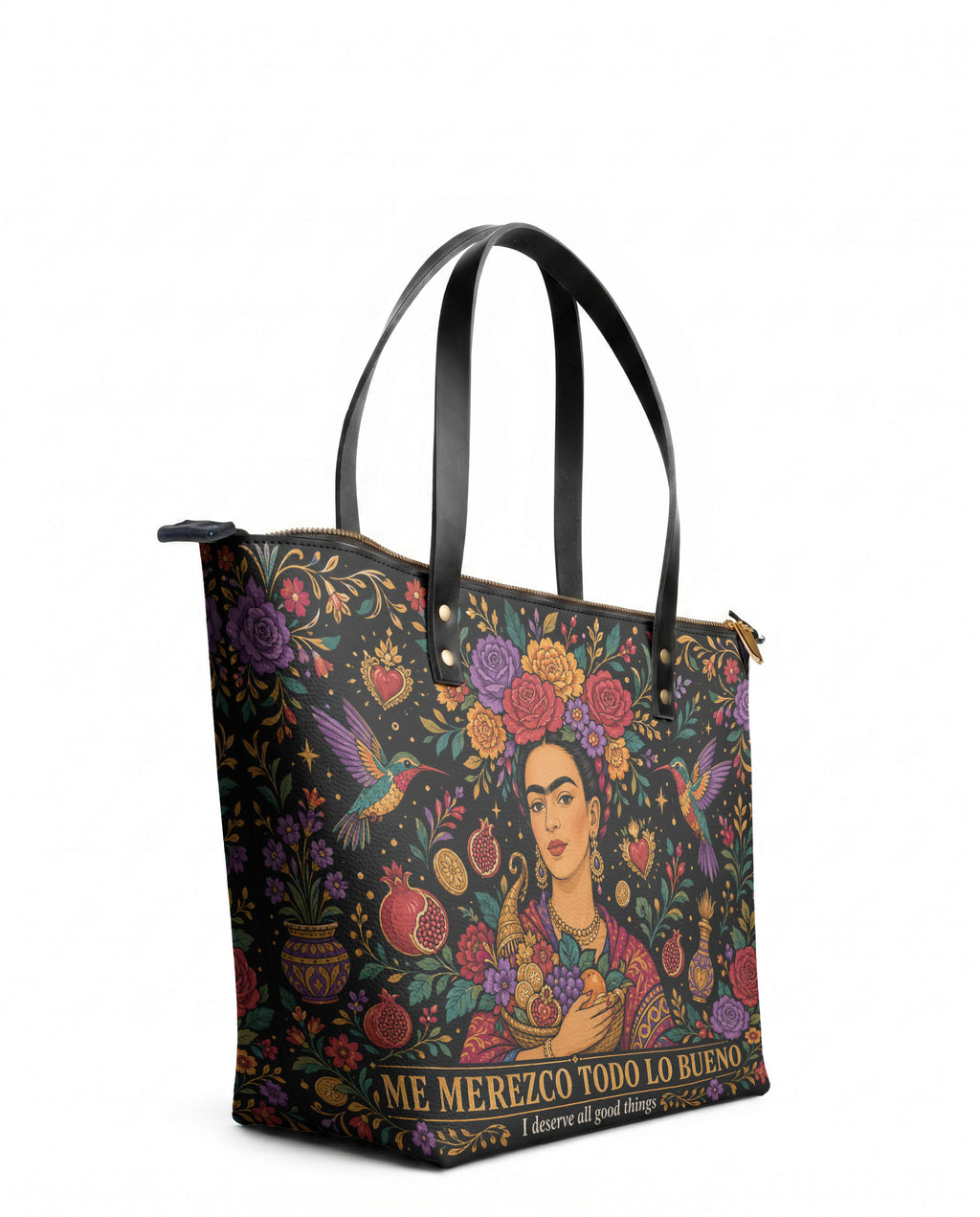 "Me merezco todo lo bueno" ver.1 Leather Tote Bag - side view | Paleta Bags