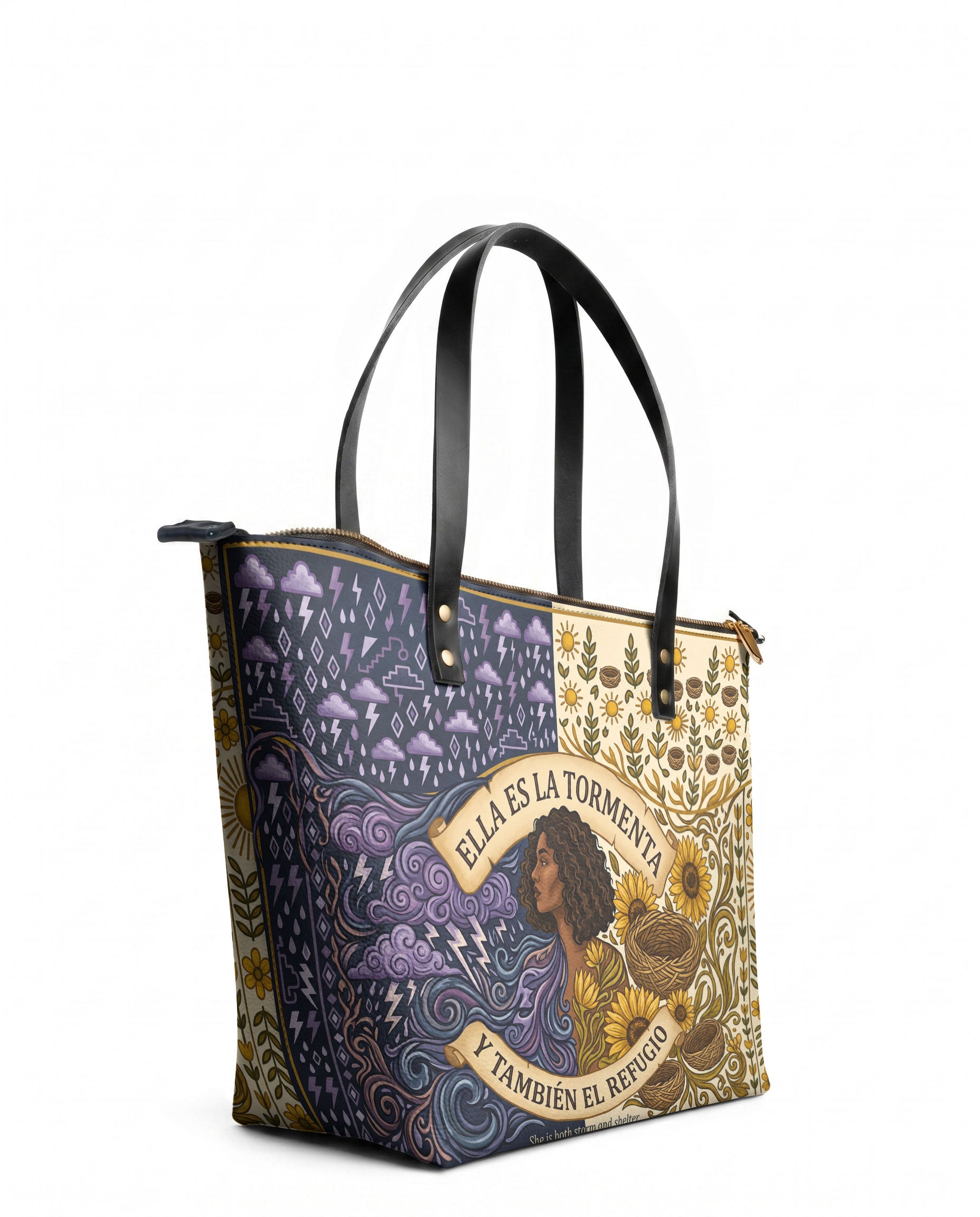 "Ella es la tormenta y también el refugio" ver.2 Leather Tote Bag - side view | Paleta Bags