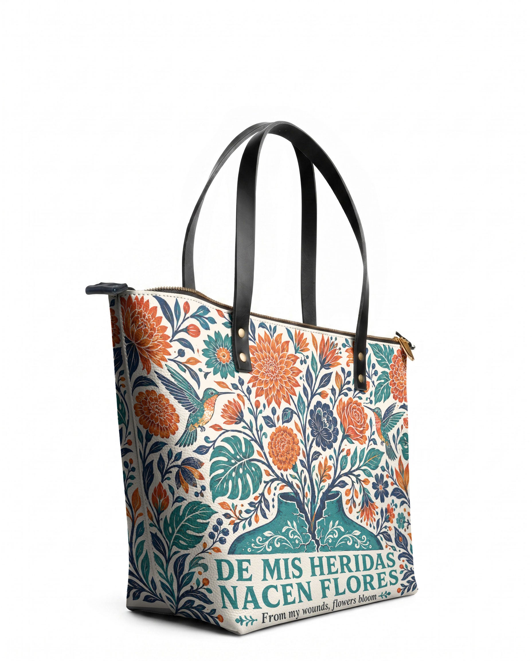 "De mis heridas nacen flores" ver.1 Leather Tote Bag - side view | Paleta Bags