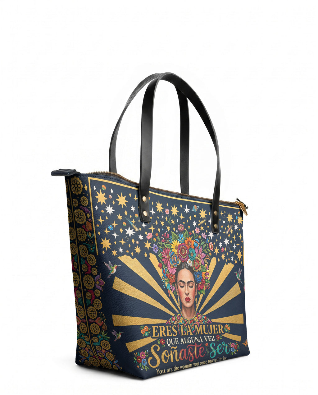"Eres la mujer que alguna vez soñaste ser" ver.3 Leather Tote Bag - side view | Paleta Bags