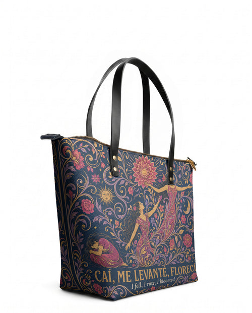 "Caí, me levanté, florecí" ver.5 Leather Tote Bag - side view | Paleta Bags