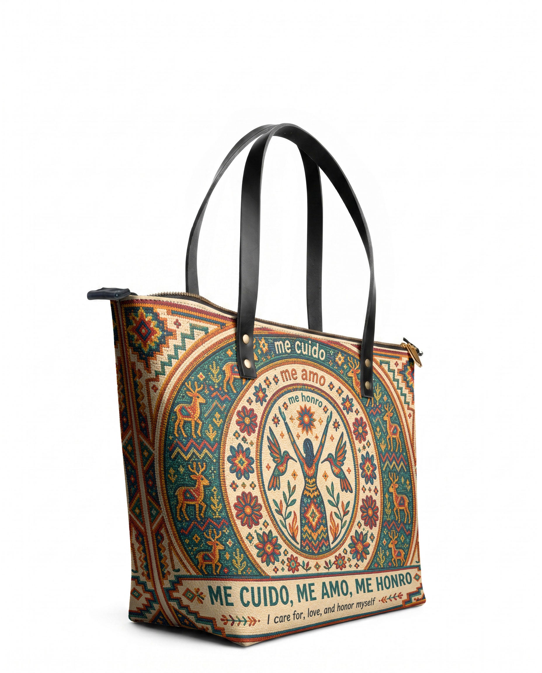 "Me cuido, me amo, me honro" ver.1 Leather Tote Bag - side view | Paleta Bags