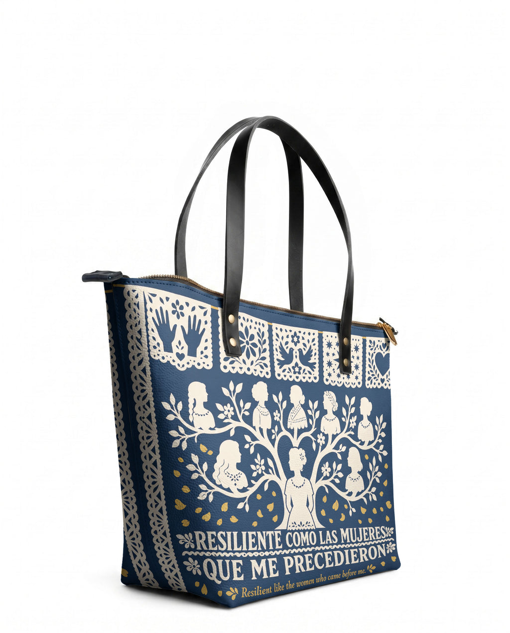 "Resiliente como las mujeres que me precedieron" ver.2 Leather Tote Bag - side view | Paleta Bags