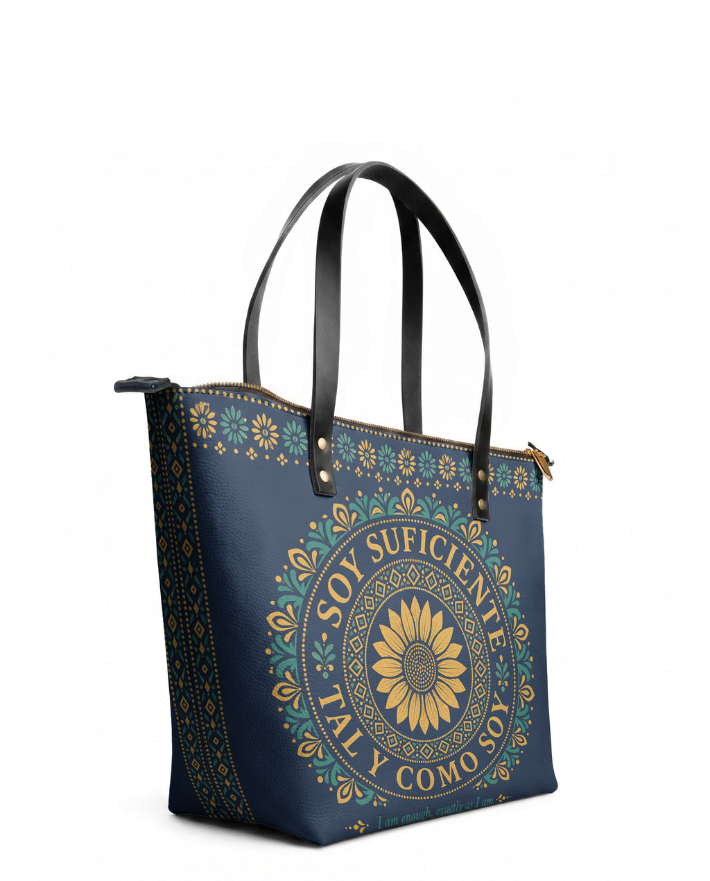 "Soy suficiente, tal y como soy" ver.7 Leather Tote Bag - side view | Paleta Bags