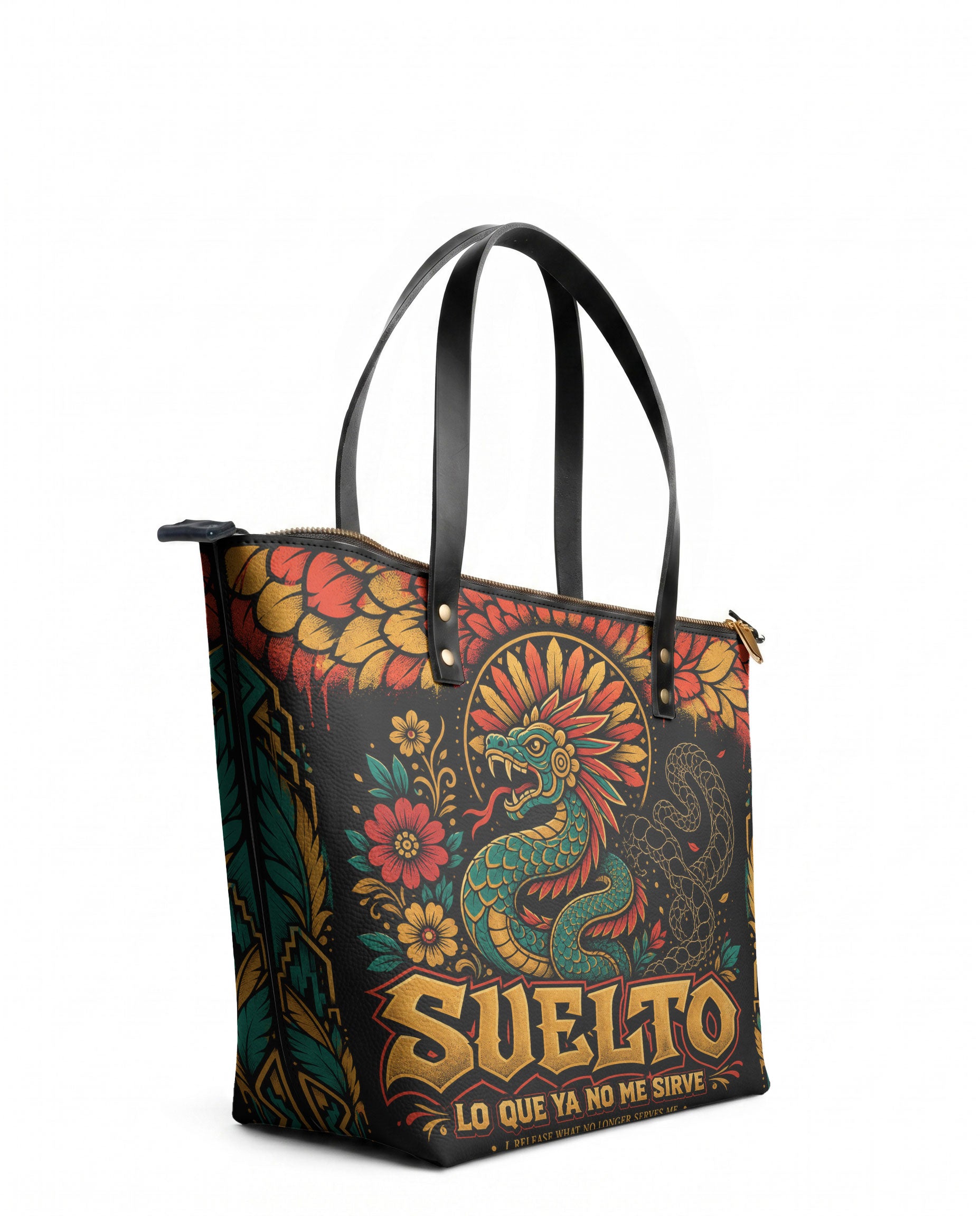 "Suelto lo que ya no me sirve" ver.2 Leather Tote Bag - side view | Paleta Bags