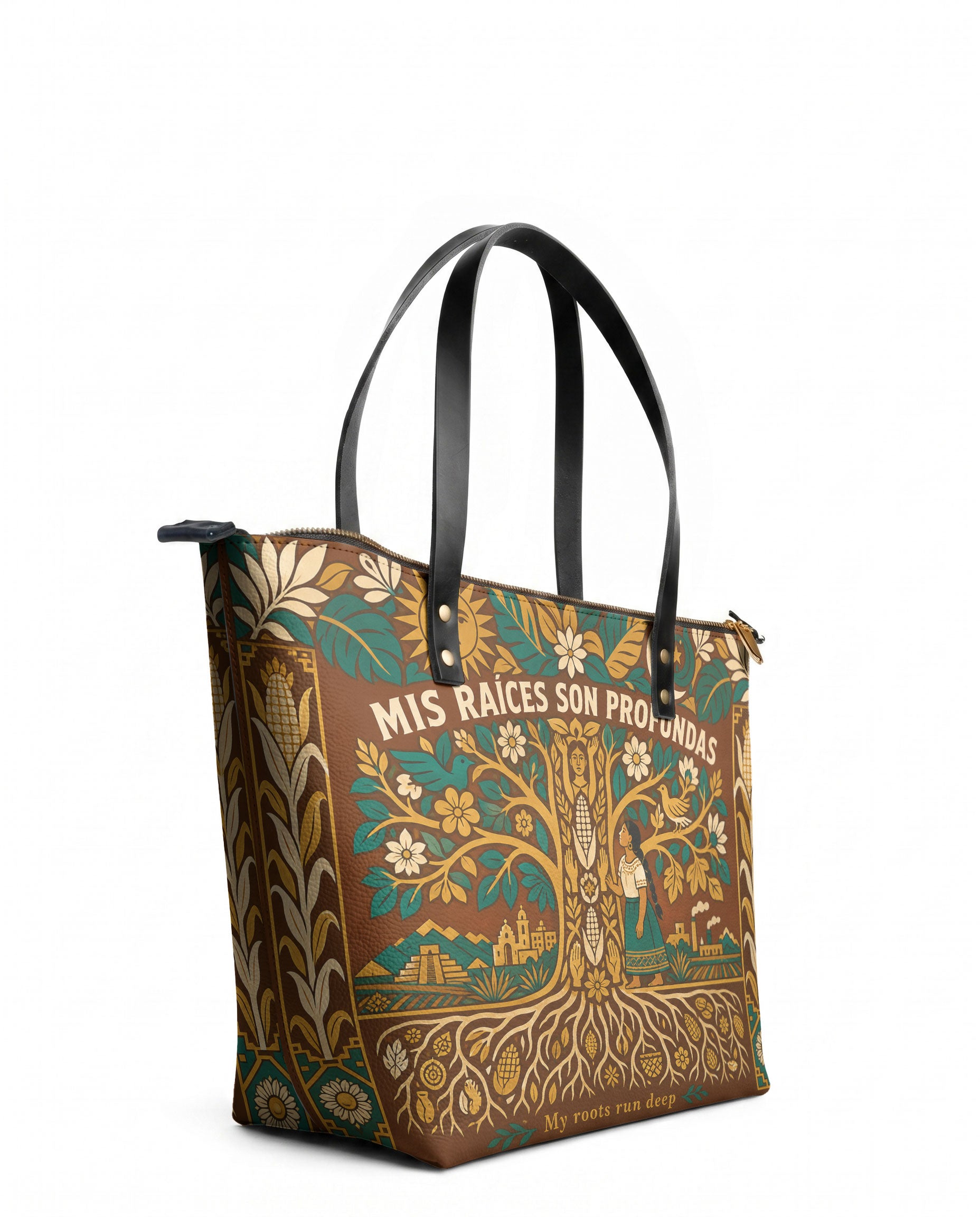 "Mis Raíces son Profundas" ver.3 Leather Tote Bag - side view | Paleta Bags